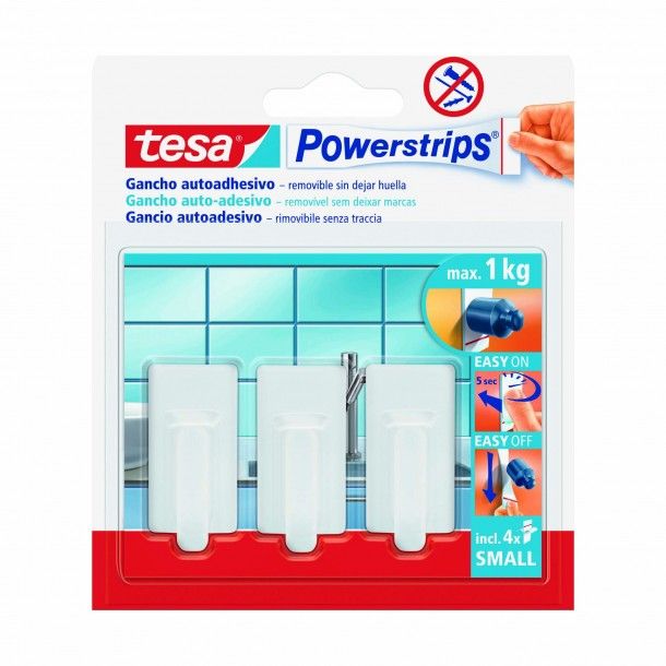 Cabide de Parede Adesivo 21x45x17mm PVC Branco Tesa 3 Uni