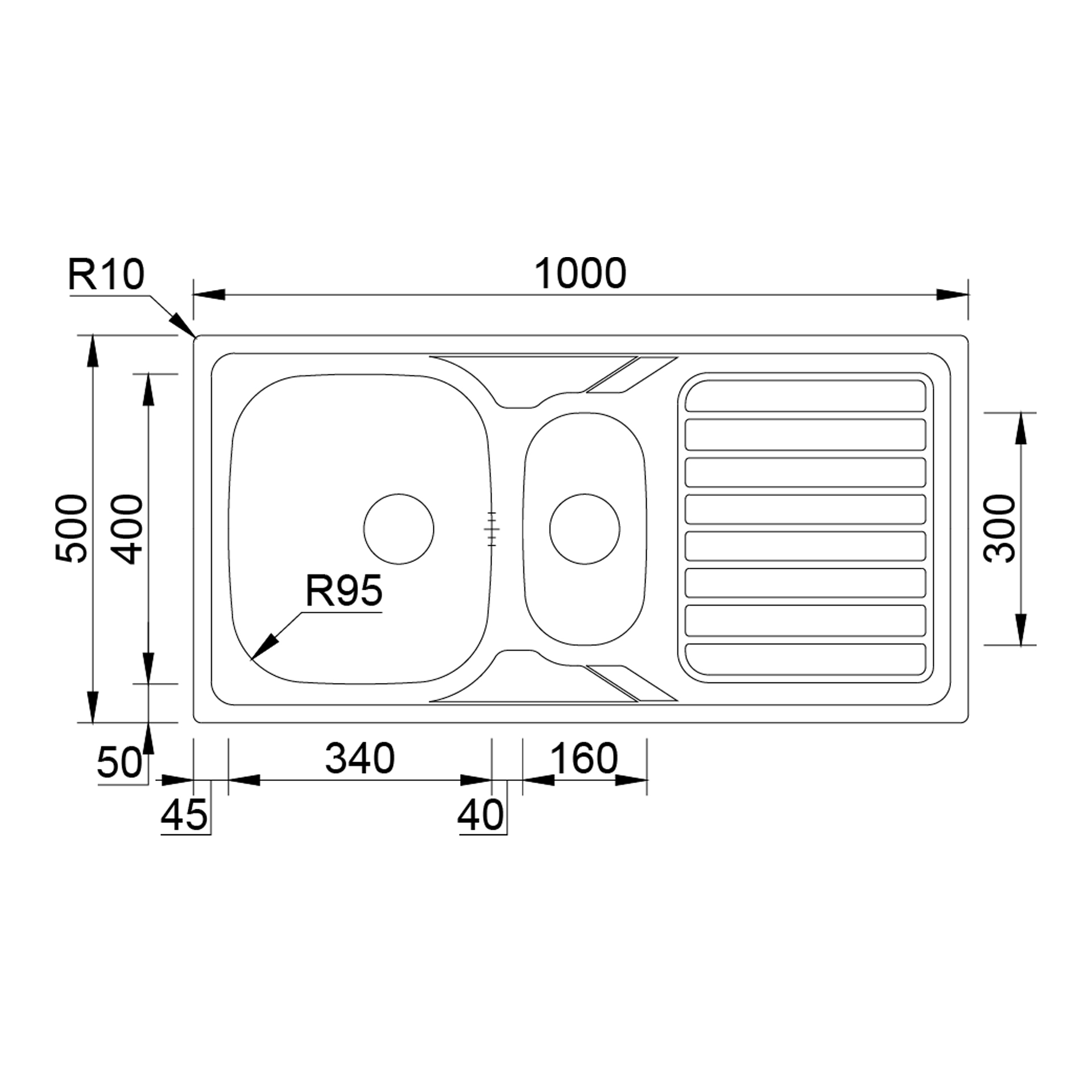 Lava-Louça Reversível 1,5 Cubas 1000x500x160mm Okio Line 100