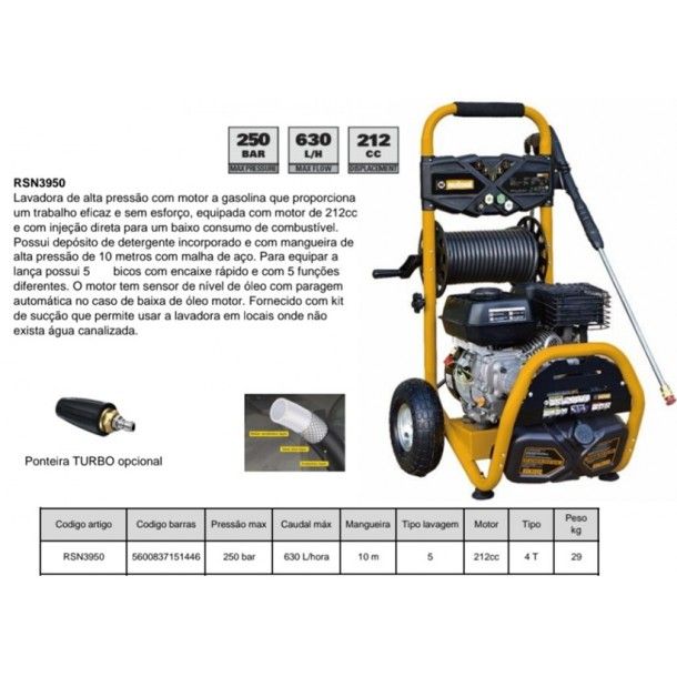 Lavadora de Alta Presso a Gasolina 250Bar 630l/h 10m RSN3950 Nutool