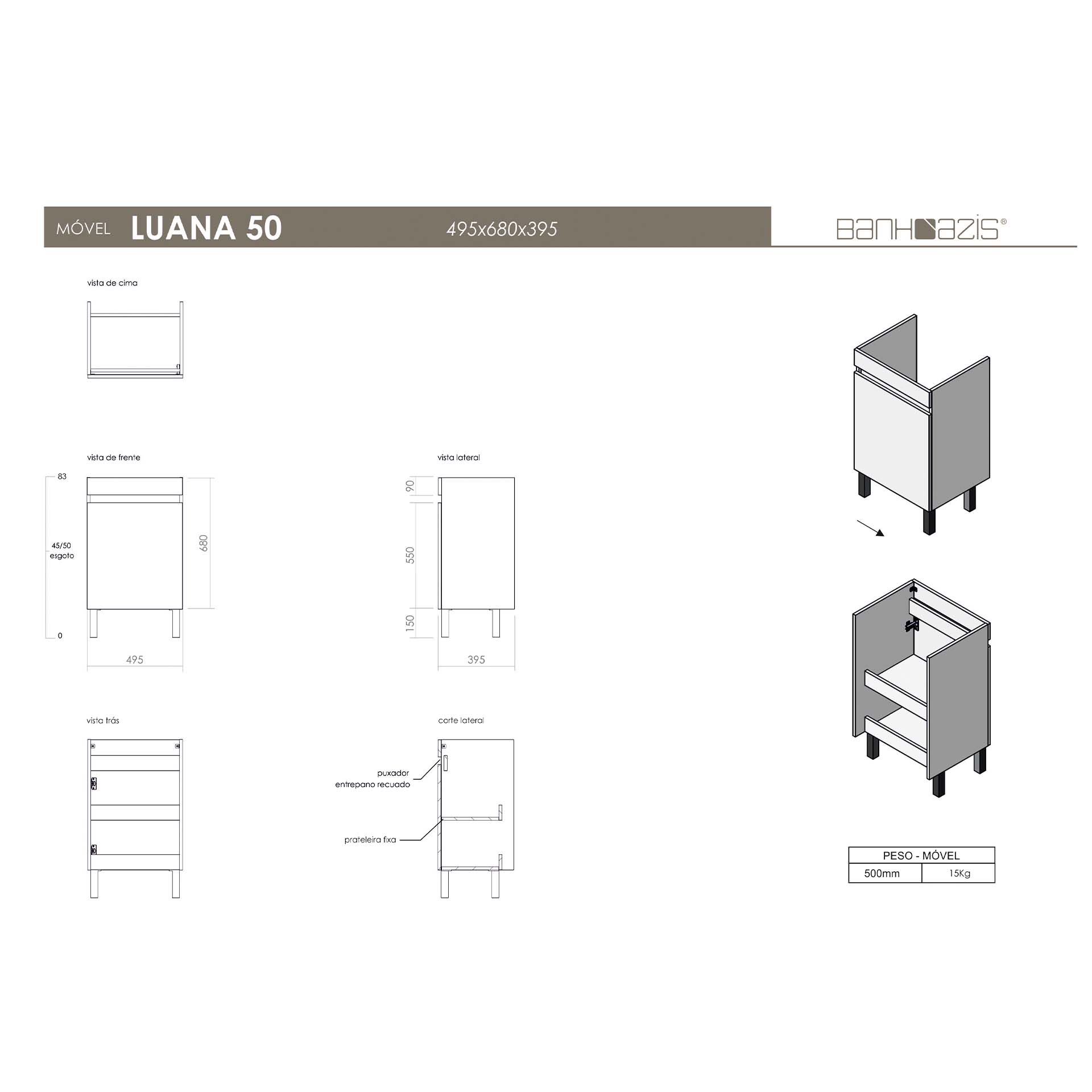 Móvel Casa de Banho Luana com Lavatório Chene 50x41cm Banhoazis
