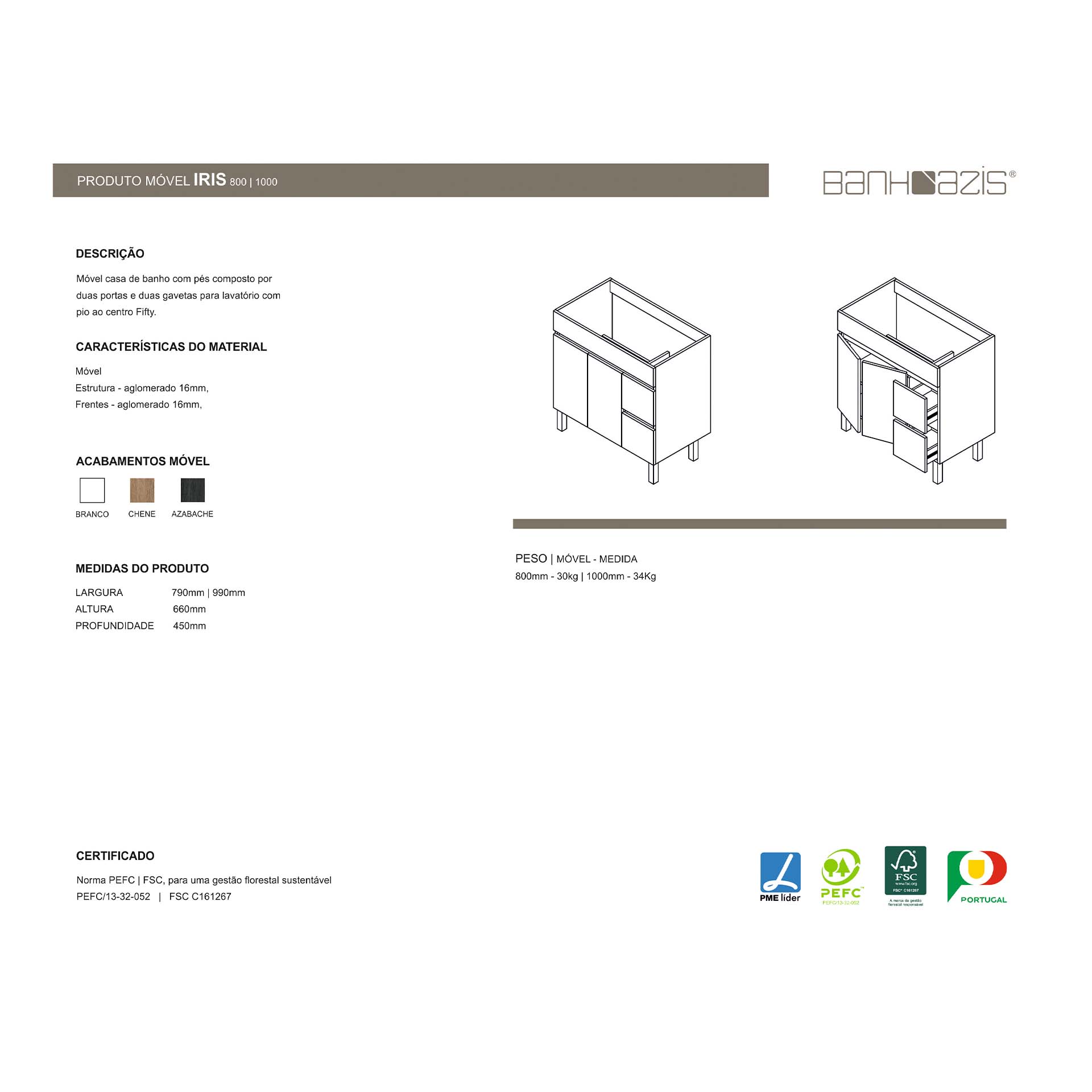 Móvel Casa de Banho Iris 100 Chene com Lavatório 100 Fifty Banhoazis