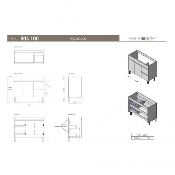 Móvel Iris 100 com Lavatório 100 Fifty Banhoazis Móvel Iris 100 com Lavatório 100 Fifty Banhoazis