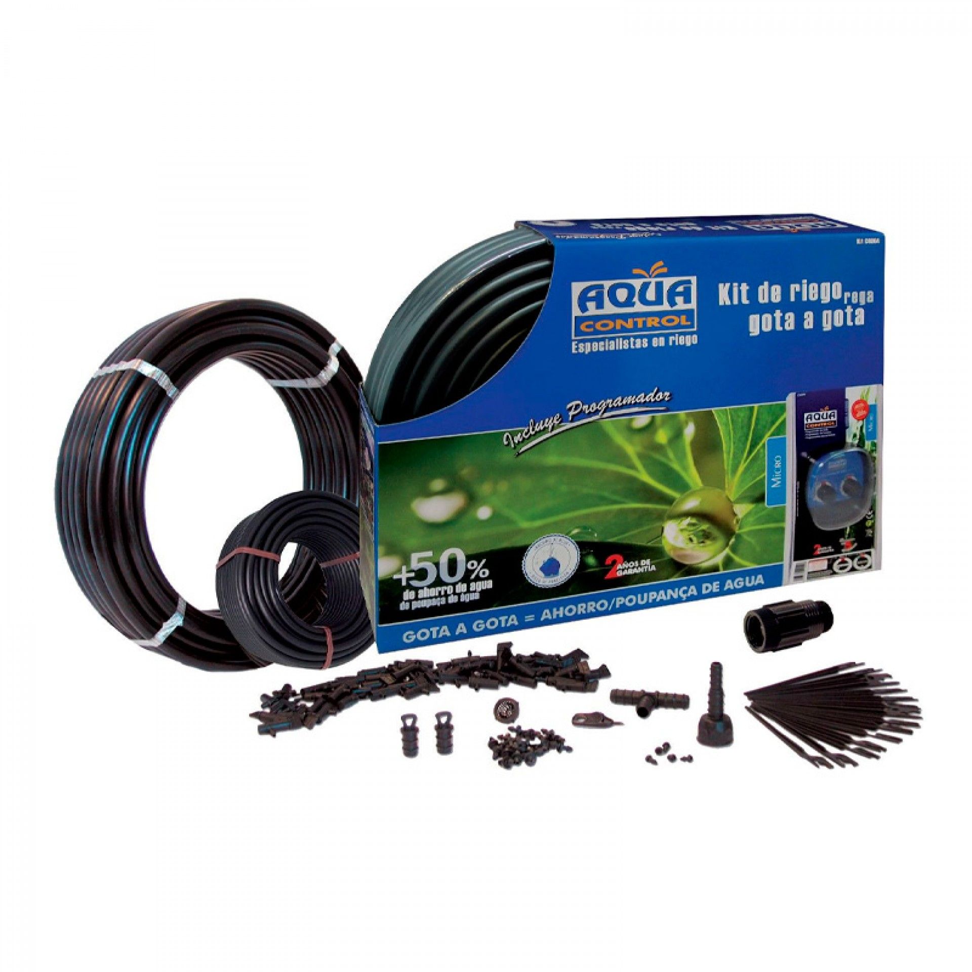Kit de Rega 16mm 25M com 50 Gotejadores e Programador de Torneira Aqua Control