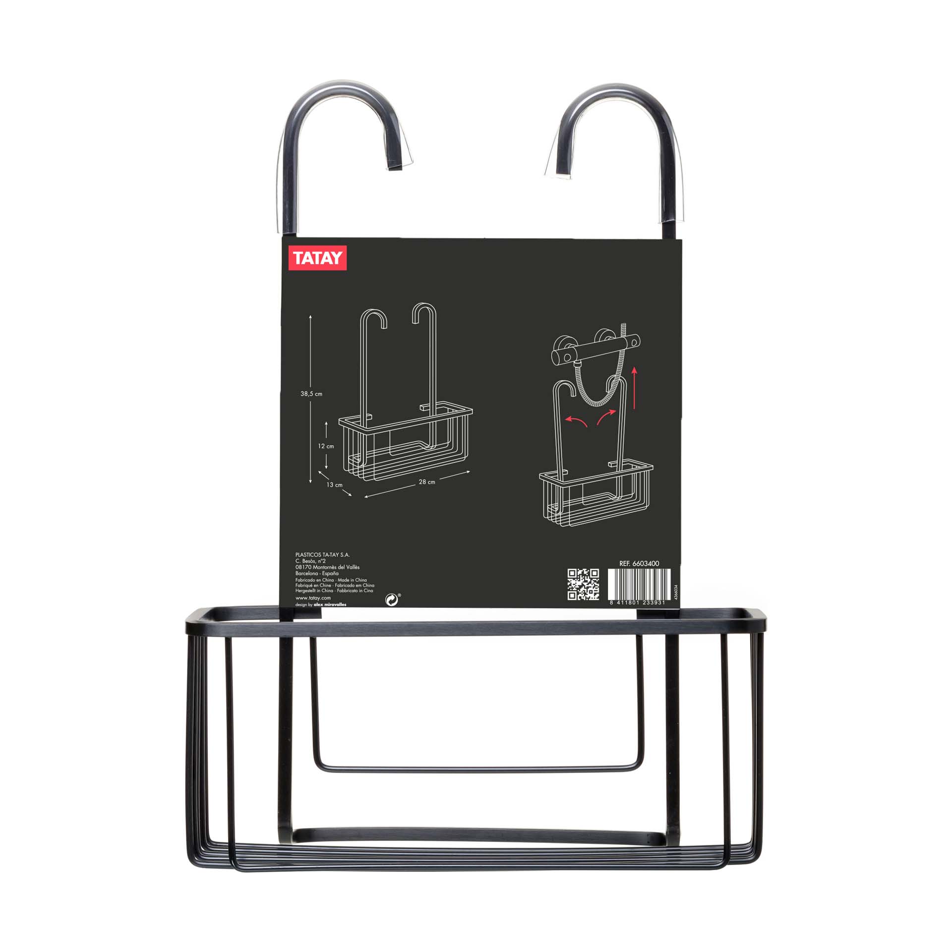 Cesto para Duche 38.5x28x12.80cm Alumínio Preto Tatay