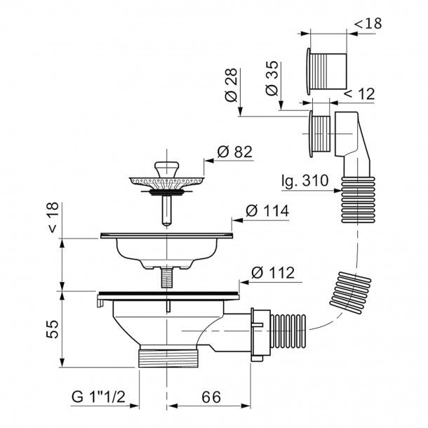 V�lvula de Banca Simples 1"1/2 com Tubo Respiro Redondo Cesto Inox 112mm Wirquin