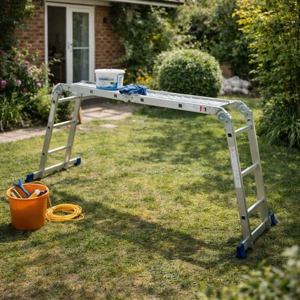 Escada Articulada Multiusos com Plataforma 4x3 Degraus Mader Escada Articulada Multiusos com Plataforma 4x3 Degraus Mader
