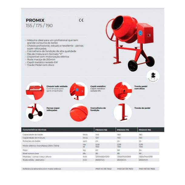 Betoneira Elétrica Promix-190 180L 230V 0,95HP Irbal Betoneira Elétrica Promix-190 180L 230V 0,95HP Irbal