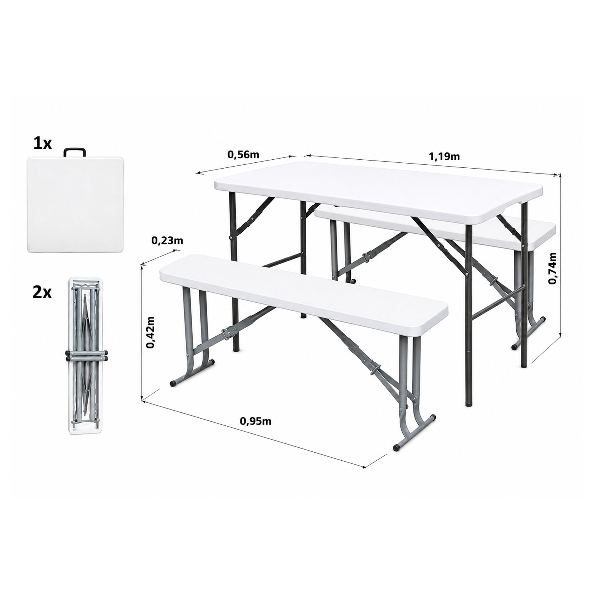 Conjunto de Jardim Mesa Dobrável com 2 Bancos 119x56x73,5cm