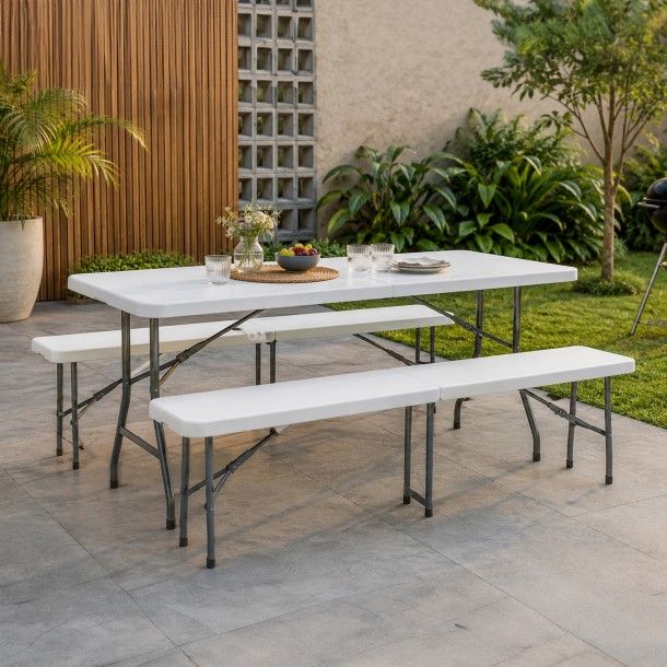 Conjunto de Jardim Mesa Dobrável com 2 Bancos 119x56x73,5cm Conjunto de Jardim Mesa Dobrável com 2 Bancos 119x56x73,5cm