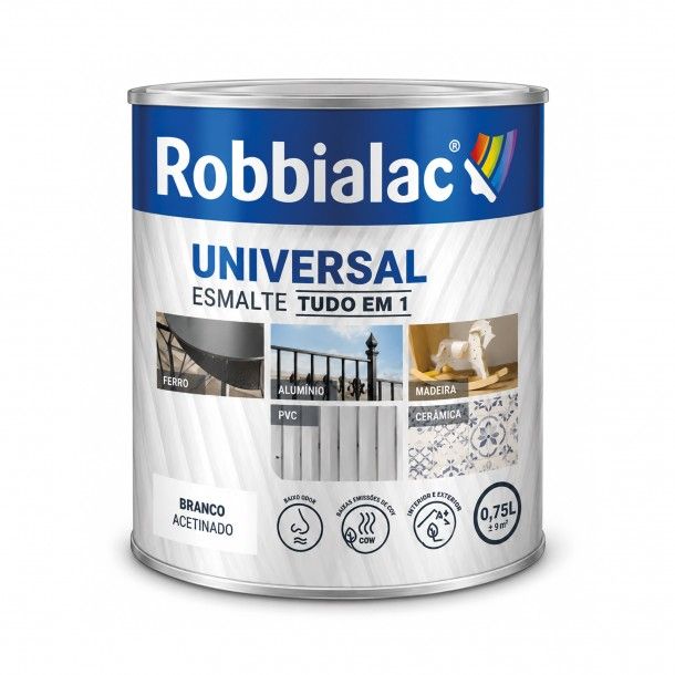 Esmalte Aquoso Acetinado Branco 0,75L Universal Tudo em 1 Robbialac Esmalte Aquoso Acetinado Branco 0,75L Universal Tudo em 1 Robbialac